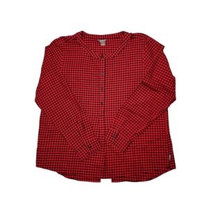 Eddie Bauer Red Checkered Henley Banded Collar Classic Casual Women L Cotton